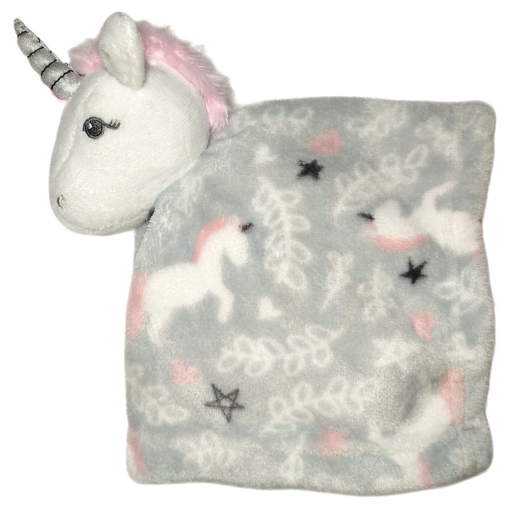 Hudson Baby Gray Pink Unicorn Security Blanket Lovey Fleece LN Girl Star White